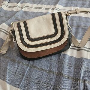 Fossil Peyton Small Double Flap Crossbody Bag In Black/White Leather Brown Suede